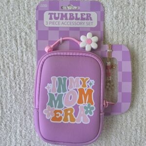 Pink and White Tumbler Compact Bag with Flower Accent